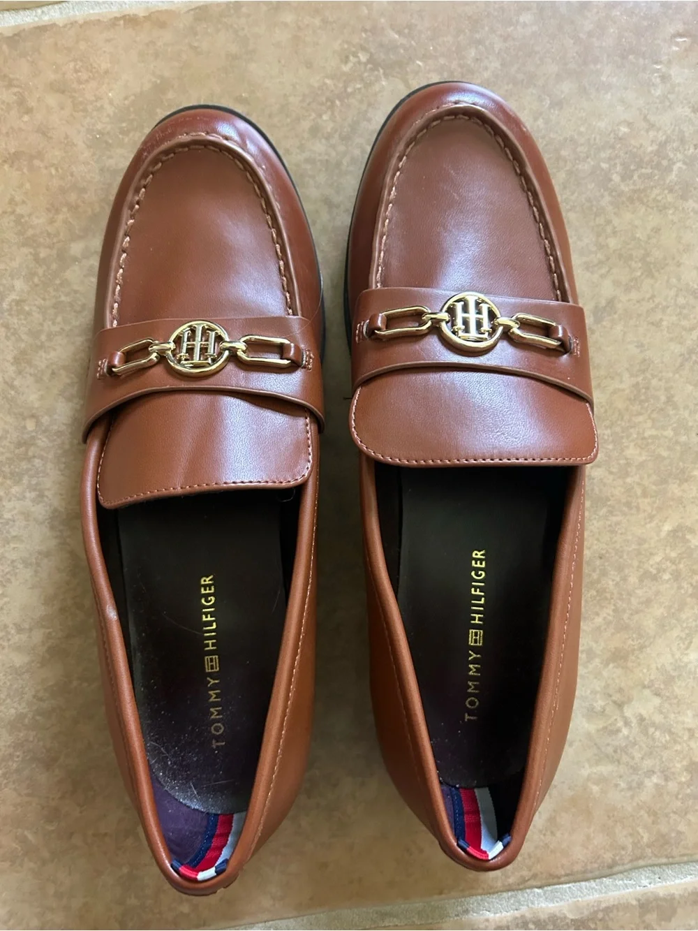 Tommy Hilfiger Cognac Leather Slip-On Loafers with Gold TH Hardware
